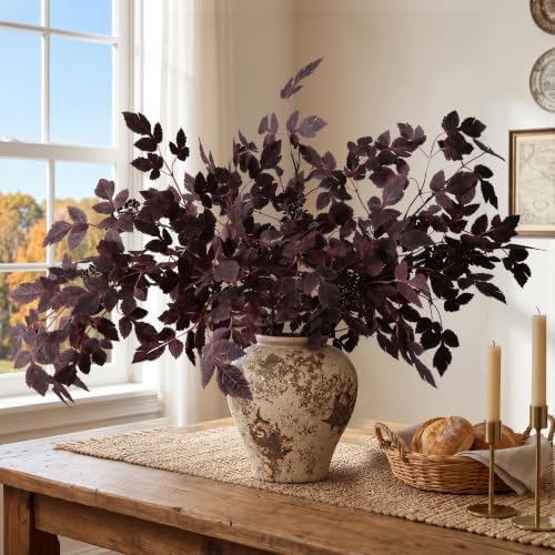 HyeFlora Artificial Cimicifuga Plant Leaf Spray Stems 4PCS Fake Greenery Branches 28.7 in Faux Leaves Real Touch Silk Plants DIY Stem for Vase Festival Home Kitchen Garden Farmhouse Decor (Burgundy)