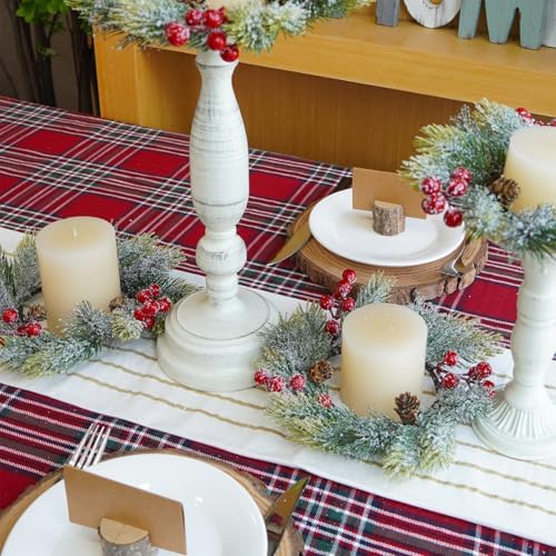 Winlyn 4 Pcs Artificial Snowy Pine and Berry Candle Rings Spruce Pine Candle Wreaths with Pinecones Christmas Pillar Candle Rings 9.6" for Holiday Season Winter Wedding Mantel Door Table Centerpiece
