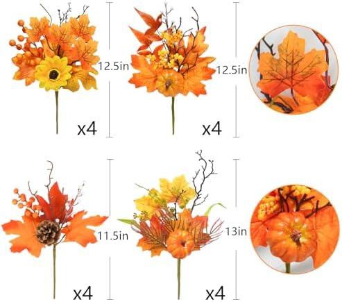 Krissing 12 Pcs Artificial Fall Floral Picks with Sunflower and Pumpkin