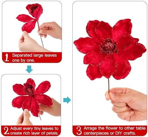 Sggvecsy 10Pcs Christmas Glitter Flowers Christmas Tree Ornaments Artificial Poinsettia Flower Velvet Magnolia Stems Floral Picks for Xmas Wedding DIY Crafts Wreath Party Floral Decorations (Red)
