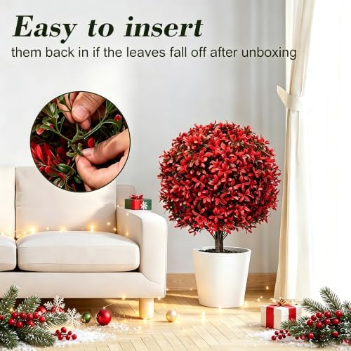 Chillchard 2Pack UV Resistant Red Artificial Boxwood Topiary Fake Plant