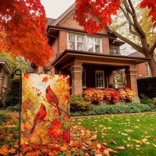 Fall Garden Flags 12x18 Inch Double Sided Cardinal Autumn Yard Flag Maple Leaf Thanksgiving Small Flags for Outside Lawn Outdoor Decor