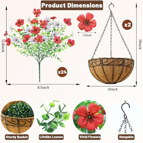2 Set Artfiticial Hanging Flowers with Basket & Foam Outdoor,Red White