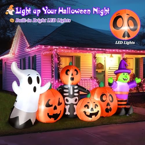 8 ft Halloween Inflatable Pumpkin Outdoor Decoration, Large Blow Up Witch, Ghost & Skeleton Decoration with Built-in LED Lights & Powerful Air Blower for Halloween Party Garden Yard Indoor Decor