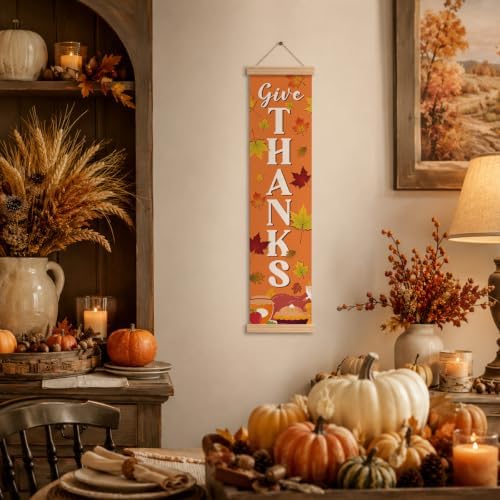 Thanksgiving Door Banner, Give Thanks Canvas Wall Banner for Entryway