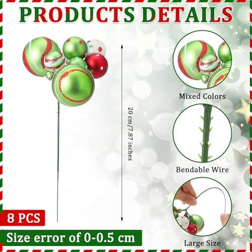 Daifunli 8 Pcs Lime Green Christmas Tree Picks 7.87 Inch Christmas Balls Ornaments Xmas Hanging Peppermint Decorations for Xmas Tree Topper DIY Wreath Holiday Floral Vase Fillers Crafts Home Decor