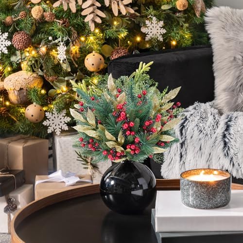 Winlyn 70 Pcs Assorted Christmas Greenery Stems Artificial Pine Branches Evergreen Cedar Picks Red Berry Stems Pine Needles Glitter Leaf Sprays 5.9"-12.7" for Holiday Trees Floral Arrangements Wreaths