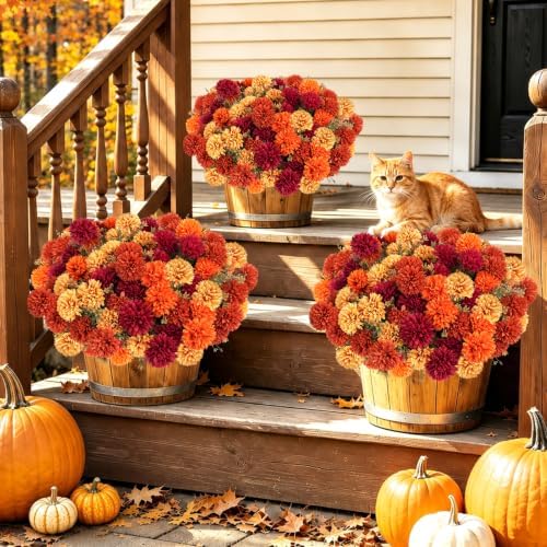 12 PCS Artificial Fall Flowers for Outdoors, UV Resistant Fake Mums