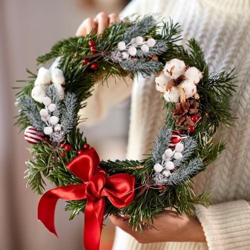 40 Pcs Artificial Christmas Floral Picks White Fake Berry Picks Stems Pine Branches with Pinecones Holly Leaves for Vase Floral Arrangement Wreath Winter Holiday Season Decor Crafts