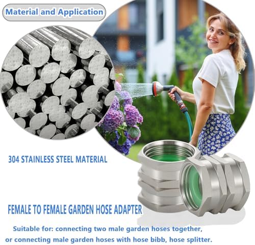 304 Stainless Steel Female to Female Garden Hose Adapter，3/4" GHT to 3/4" GHT Fitting Connect, Green Thumb Quick Swivel Connector Adapter, Double Hose Connector