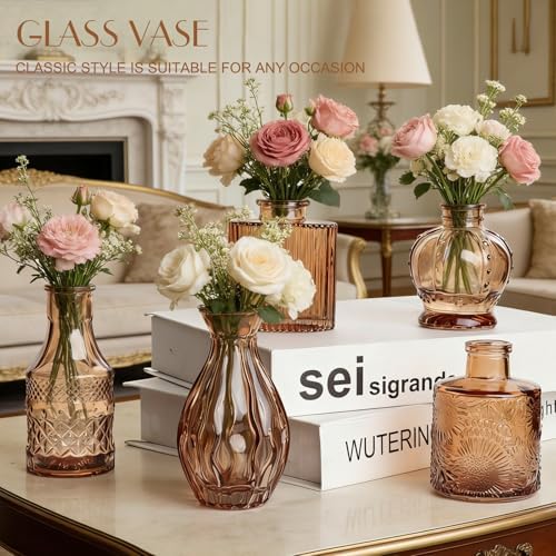Petal Petite Small Amber Glass Bud Vase Set of 6 for Wedding Centerpieces