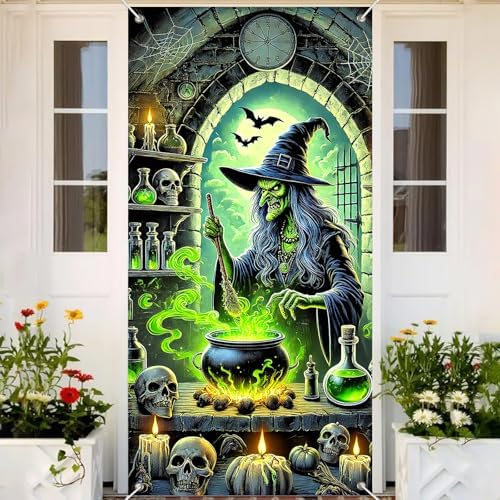 BlissYard Halloween Door Cover Green Witch Cauldron 35x71 Inch Polyester