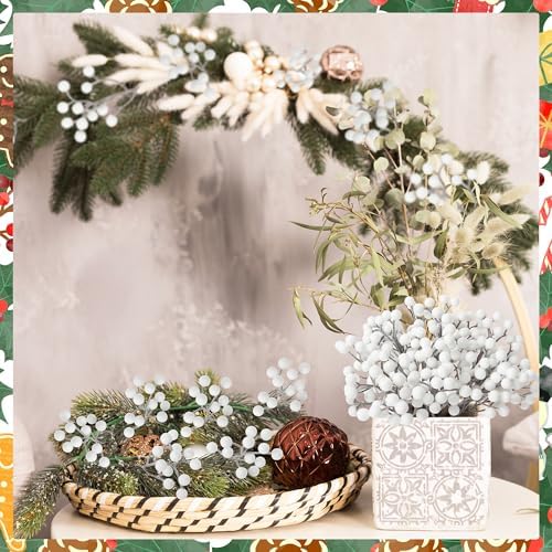 24PCS White Berry Stems 7.08in Christmas Tree Decor Faux Picks Glitter