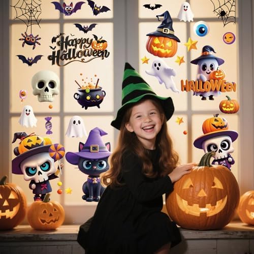 AhfuLife 95Pcs Halloween Window Clings, 9 Sheets Reusable Halloween Skeleton Window Stickers Cute Stickers for Kids Home Window Indoor Party Decorations