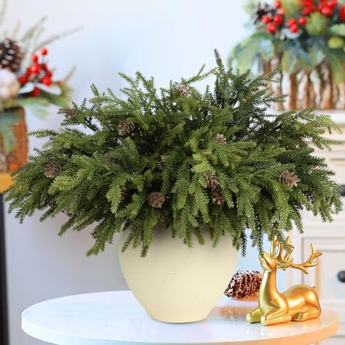 6 Pcs Full Realistic Greenery Christmas Pine Branches Stems with Pine Cones