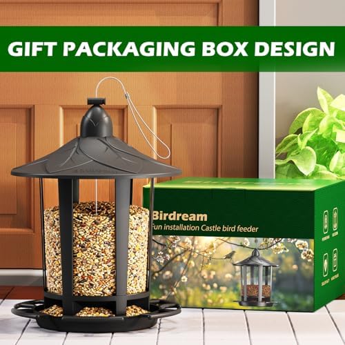 Birdream 4 Pack Bird Feeders for Outdoor Hanging, Assembly Required, 1-Min Easy Setup, Charming Castle Design, Attracting Cardinals Chickadees Goldfinches & Sparrows - Black