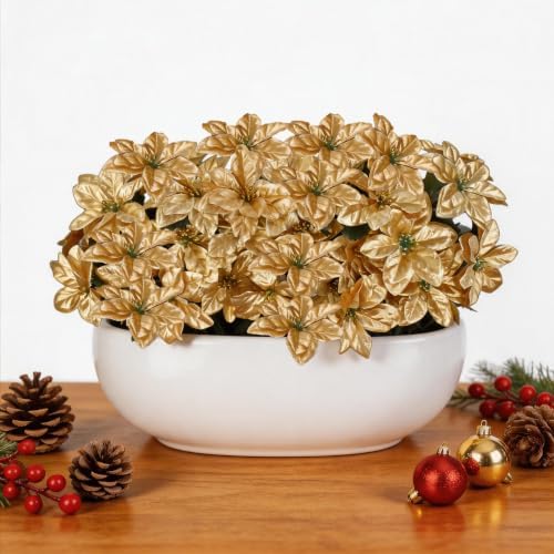 3 Pack Artificial Poinsettia Bushes – 9.8" Faux Gold Poinsettia Bouquets with 7 Heads Each, Christmas Artificial Flowers for Holiday Tree, Table Centerpiece, Indoor Outdoor Décor, DIY Table Runner