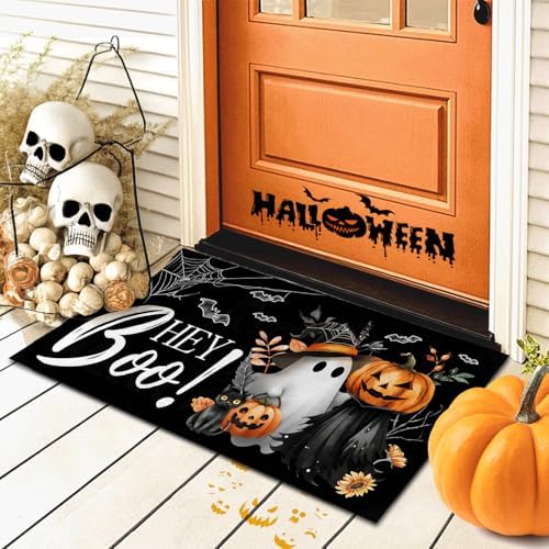 Halloween Door Mat Hey Boo Welcome Mat Scary Entry Rug 17x29 Inch