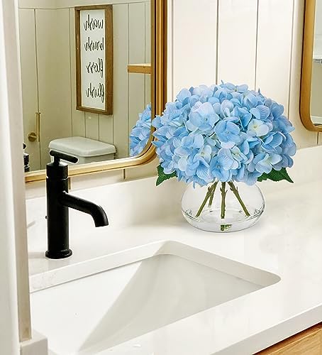 Hollyone Hydrangea Artificial Flowers with Vase Blue Silk Fake Flowers Arrangements in Glass Vase with Faux Water Faux Floral Bulk Bouquet for Home Decor Bathroom Table Centerpiece Shelf Decorations