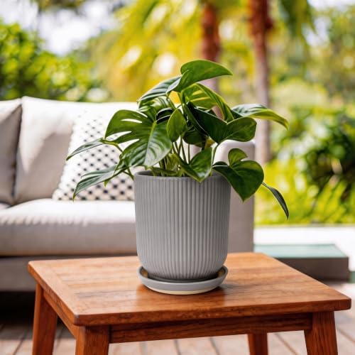 Deep Dream 8 Inch Ceramic Pots for Plants, Heavy Plant Pot for Indoor Outdoor Plants, Large Plant Pot with Drainage Hole and Saucer, Modern Tall Flower Pot, Gifts for Plant Lovers, Grey