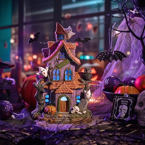 Valery Madelyn Halloween Decorations, Lighted Halloween Village Houses with LED Lights, Resin Spooky Town Happy Haunted House for Home and Party Table Desk Mantel, 12 Inch