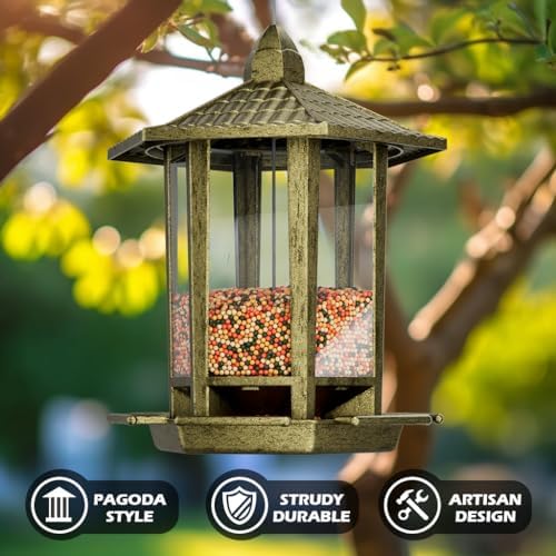 Birdream 2 Pack Bird Feeders for Outdoor, Retro Pagoda Design Fun Installation Bird Feeder, Attracting Wild Birds Chickadees Goldfinches Cardinals Finches and Sparrows - Retro Gold