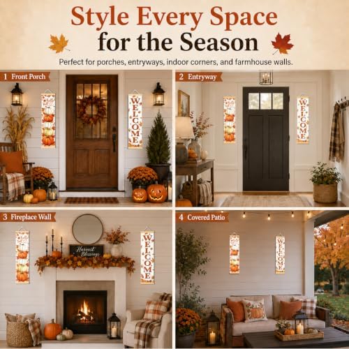 Hello Fall Pumpkin Door Banner Set of 2, Welcome Porch Decor for Home