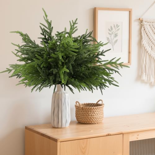 12Pcs 24 Inch Real Touch Norfolk Pine Stems, Artificial Green Plants Branches, Faux Greenery Pine Stem Fake Cedar Picks for Vase, Christmas Pine Branches for DIY Crafts Home Indoor Decor