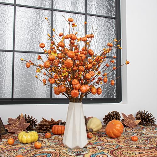 JINGHONG 18 Pack Artificial Pumpkin Picks 17” Tall Orange Berry Stems Fall Pumpkin Branches for Autumn Harvest Festival Thanksgiving Day Decor