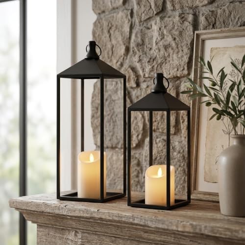 Lanterns Decorative Outdoor Indoor, 17" 13" Set of 2 Black Candle Lanterns