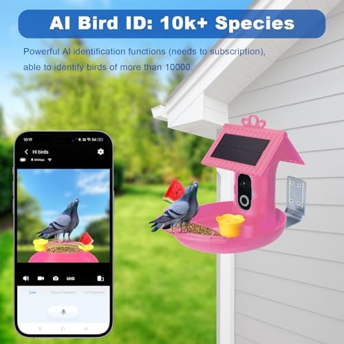 Bird Feeder with Camera - 4K HD Live View, Smart Bird Feeder Solar Powered, AI Recognition Auto Capture Video, 3-in-1 Feeding & Bathing & Hummingbird, Outdoor Garden Bird House (Pink)