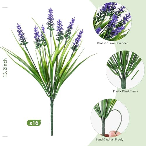 16PCS Artificial Flowers for Outdoors, Fake Lavender Plant, Purple