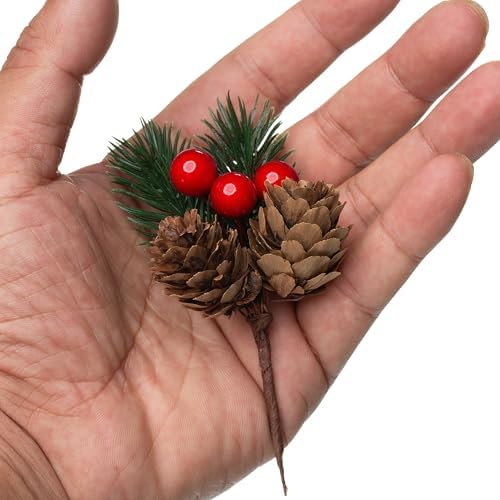 24 PCS Artificial Pine Picks with Pine Needles Branches & Red Berry Stems - 3.15'' Small Fake Berries Pinecones for Crafts, Christmas Tree DIY, Holiday Wreath Decor