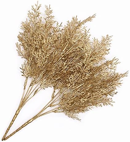 PASYOU Golden Fake Plants, Artificial Flowers Decoration for Christmas Antlers Grass Plastic Faux DIY Crafts Indoor Outdoor Home Garden Party Room Bedroom Wedding Table Centerpiece Decor, Gold 4 Pack