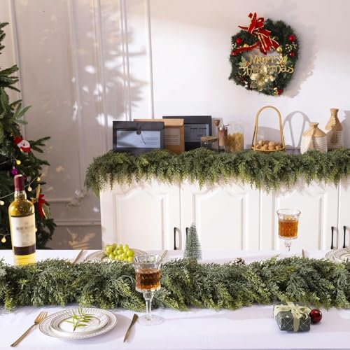 2 Pcs 9 Feet Christmas Cedar Garland - Thick & Lush Realistic Artificial Green Faux Cedar Pine Needles Garland for Christmas Winter Home Mantel Fireplace Holiday Party Decor
