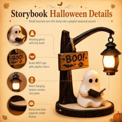 Ghost Reading Book Lamp, Halloween Cute Ghost Figurine Lantern Decor