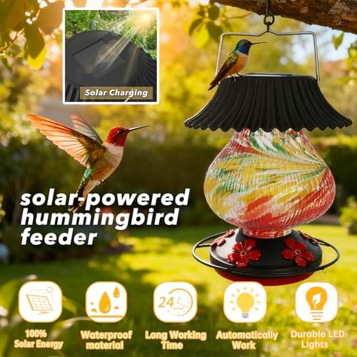 Solar Hummingbird Feeder, Hand Blown Glass Multicolor Night Lights