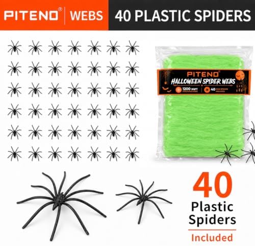 Piteno® 1200 sqft Spider Webs Halloween Decorations with 40 Fake Spiders, Stretchable Halloween Spider Webs for Indoor Outdoor Haunted House Yard Porch Party Decor (Green)