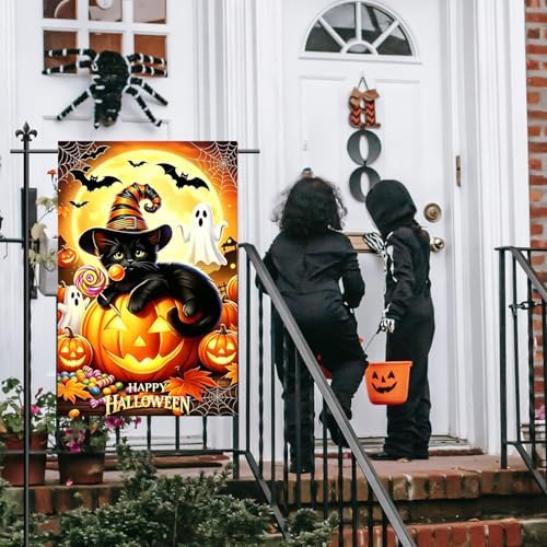 Halloween Black Cat Garden Flags Outside 12x18 Double Sided Burlap