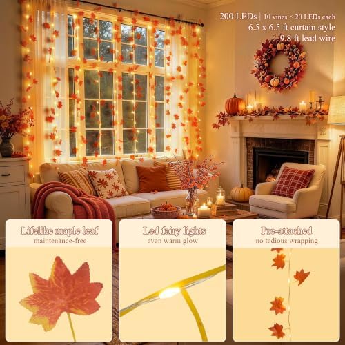 JMEXSUSS 200 LED Fall Garland with Lights, Maple Leaf Fairy Curtain Lights
