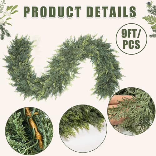 2 Pcs 9 Feet Christmas Cedar Garland - Thick & Lush Realistic Artificial Green Faux Cedar Pine Needles Garland for Christmas Winter Home Mantel Fireplace Holiday Party Decor