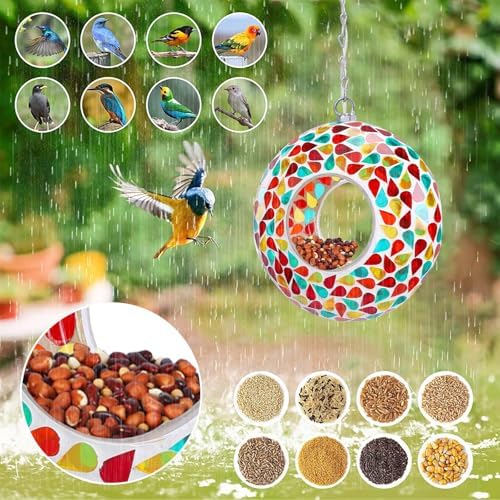Yinns Solar Bird Feeder, Hanging Mosaic Birdfeeder for Outside Garden Decor