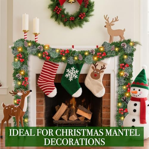 9 Foot by 10 Inch Christmas Garland - 50 LED Lights, Battery Operated Lighted Garland Wreath with Pine Cones Red Berries Lush Branches, Prelit Garland Xmas Decoration Indoor Outdoor Home Holiday