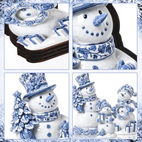 Suzile 3 Pcs Chinoiserie Snowman Decor, Wooden Winter Tiered Figurines