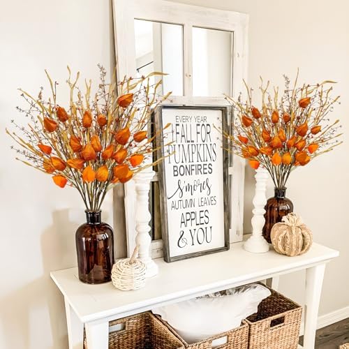 6Pcs Artificial Berry Stems 28" with Fall Flowers,Home Decor Orange