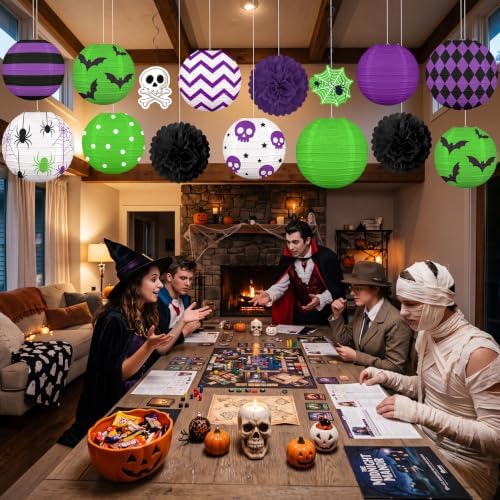 ‎Renbuzhu 15PCS Halloween Decorations Paper Lanterns Green Purple Set
