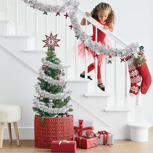 FOIMAS 33 Feet Christmas Tinsel Garland, Metallic Silver Christmas Snowflake Hanging Garland for Xmas Tree Fireplace Home Decoration (Silver)