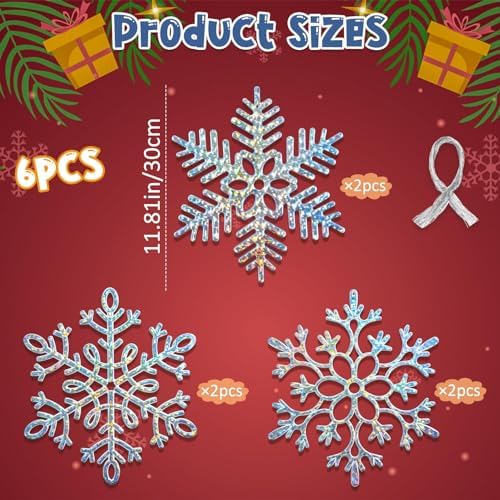 Winter Wonderland Frozen Birthday Party Decoration Large Snowflake Ornament Clearance- 6pcs 11.8”Large Iridescent Hanging Snowflakes Christmas Ornaments for Christmas Tree Outdoor Xmas Decor Supplies