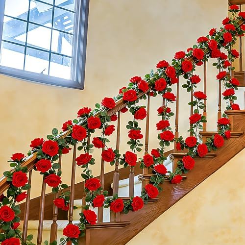 4Pack 31.6FT Red Rose Artificial Flowers Garlands for Wedding Arch Decor