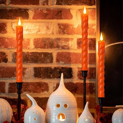 Orange Flameless Taper Candles Battery Operated with Remote Timer